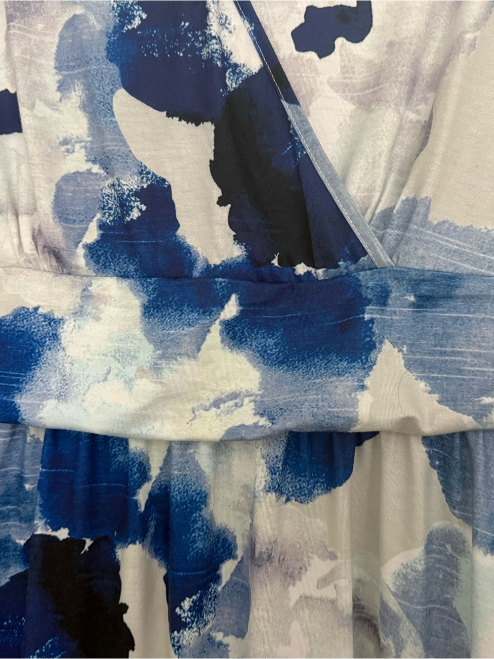Blue Watercolor Print Midi Dress - V-Neck Wrap Style - Picture 4 of 8